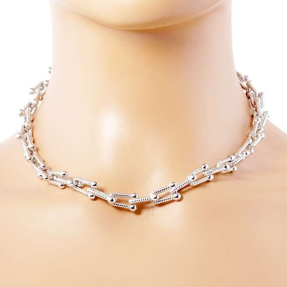 White Gold Dipped Textured Metal Hardware Chain Necklace - Picture 2 of 3